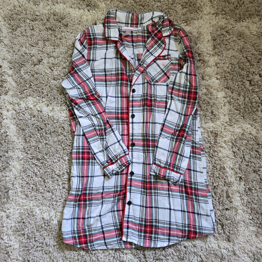 Plaid Button-Up Long Sleeve Flannel Nighty 100% Cotton Women's Size Medium